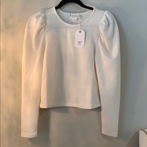 Ivory Ribbed Sweater with Puffed Sleeves